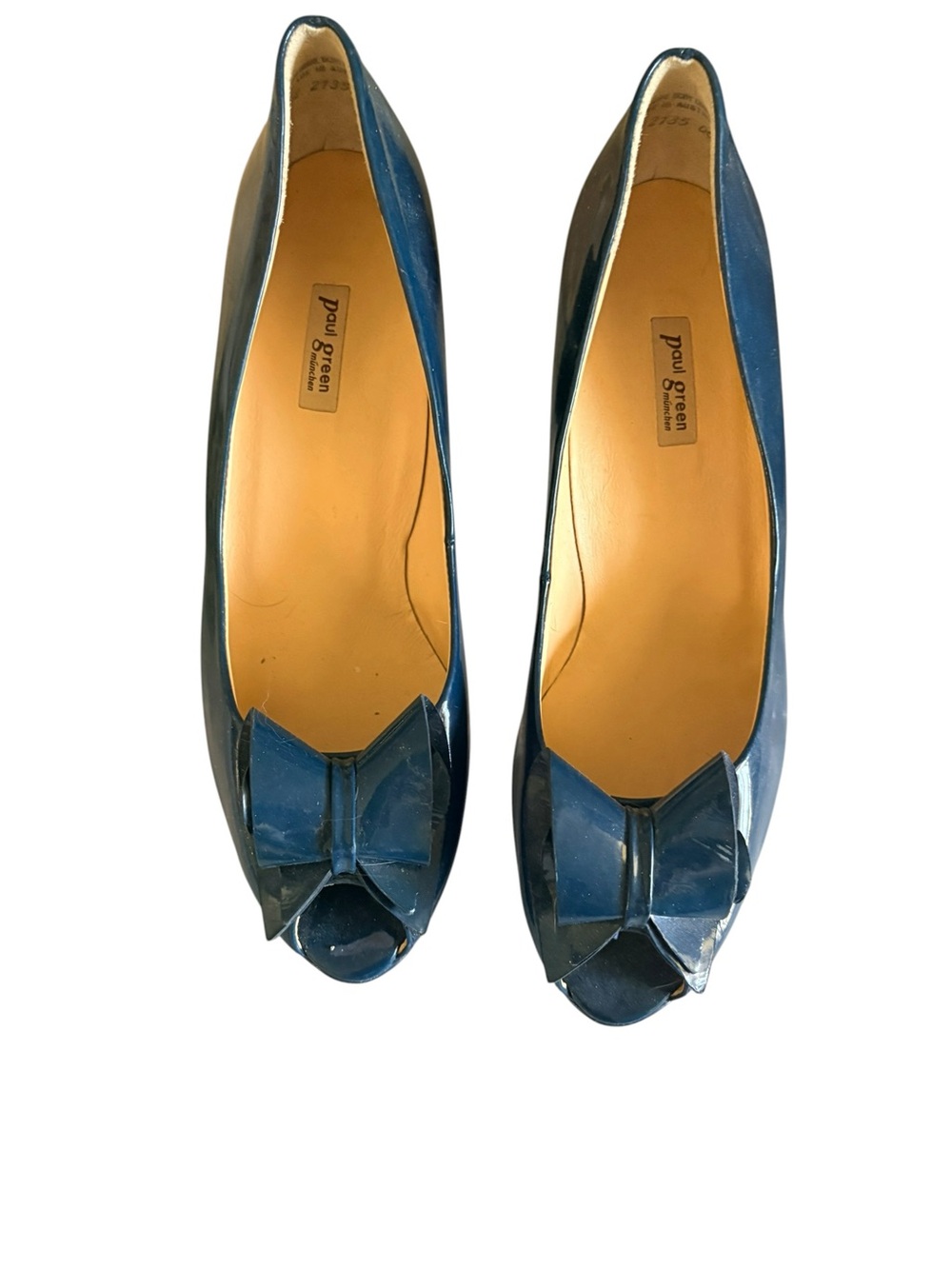 Paul Green Blue Patent Peep-Toe Bow Pumps